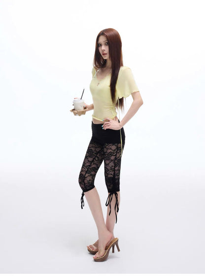 COMMON IN 0120 Tie Cuff Floral Lace Sheer Capri Leggings