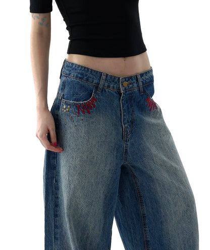 Dark Wash Embroidered Denim with Brass Rivets
