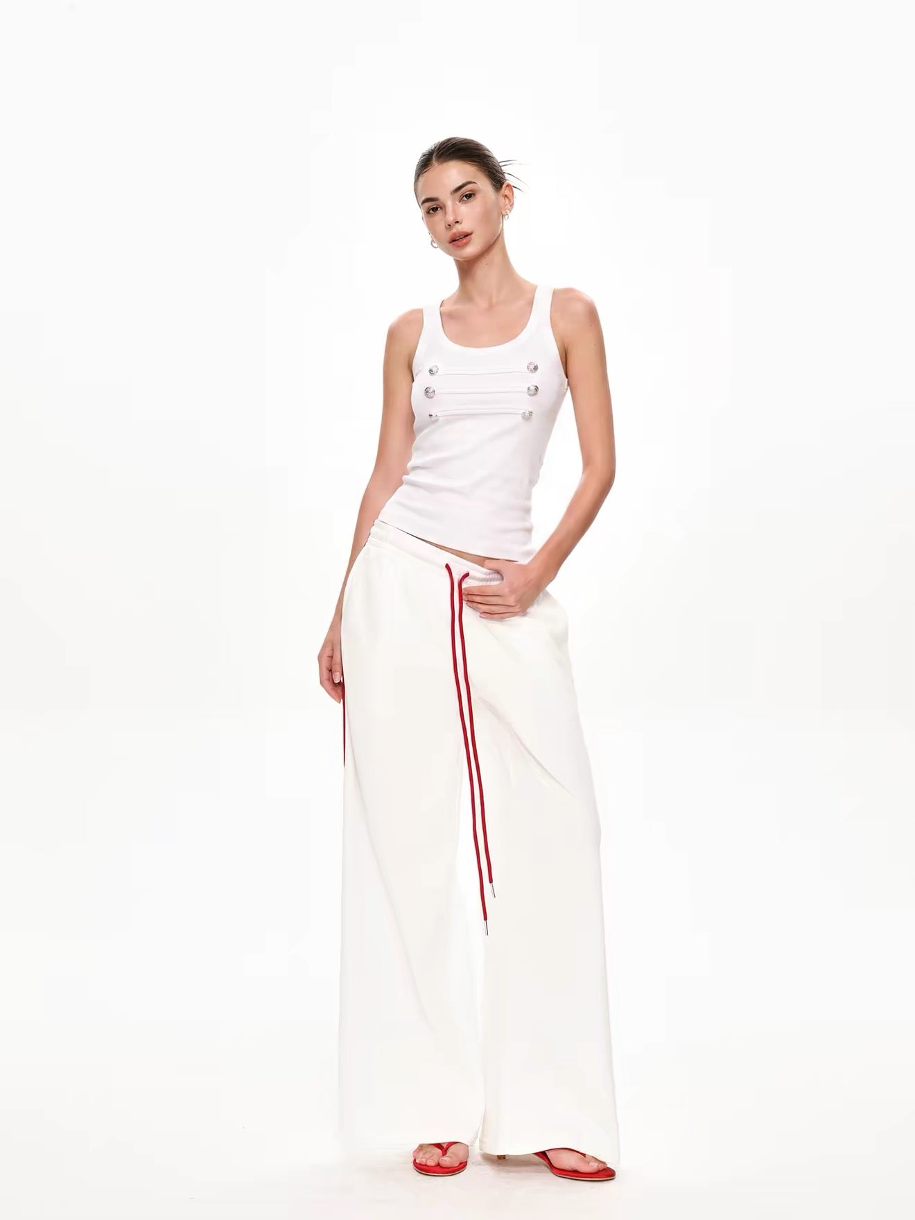 Embellished Military Button Ribbed Tank Top