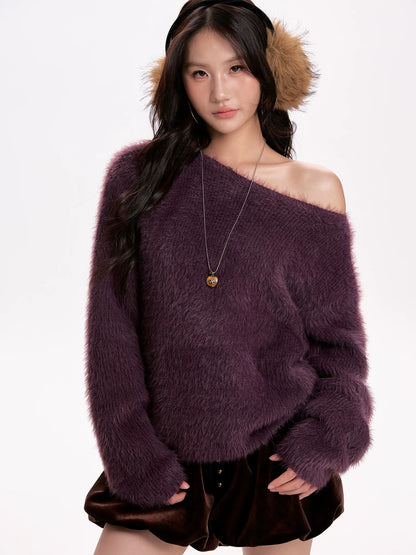 Purple Hairy Knit Off Shoulder Jumper
