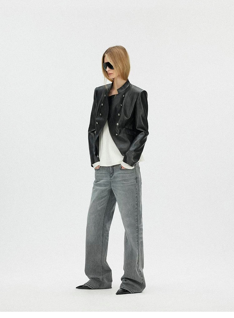 SAUMPLE STUDYSYMP Double-Breasted Military Leather Jacket