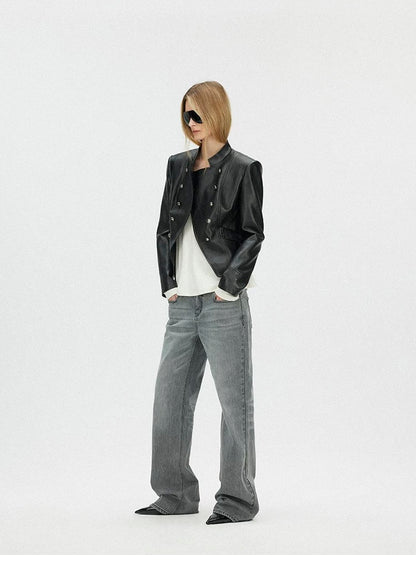SAUMPLE STUDYSYMP Double-Breasted Military Leather Jacket