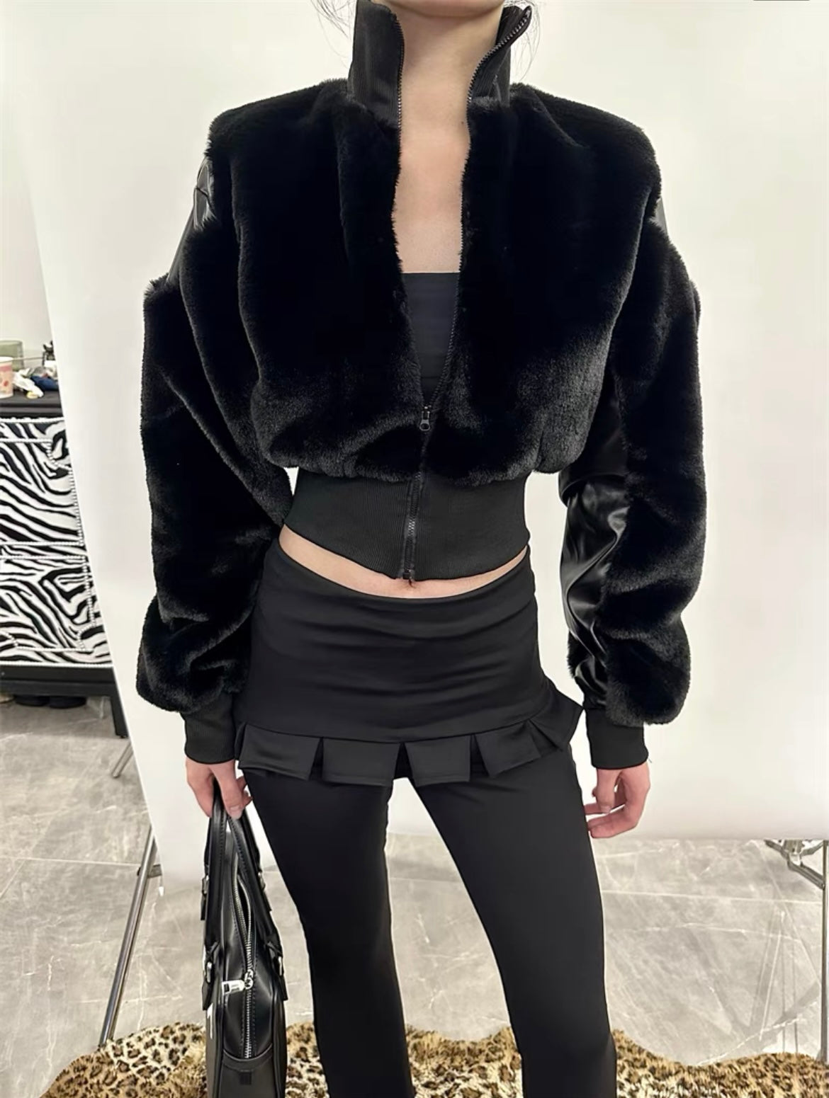 Short Hair Faux Fur Leather Zip Up Jacket In Black