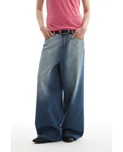 Checkered Washed Wide Leg Jeans