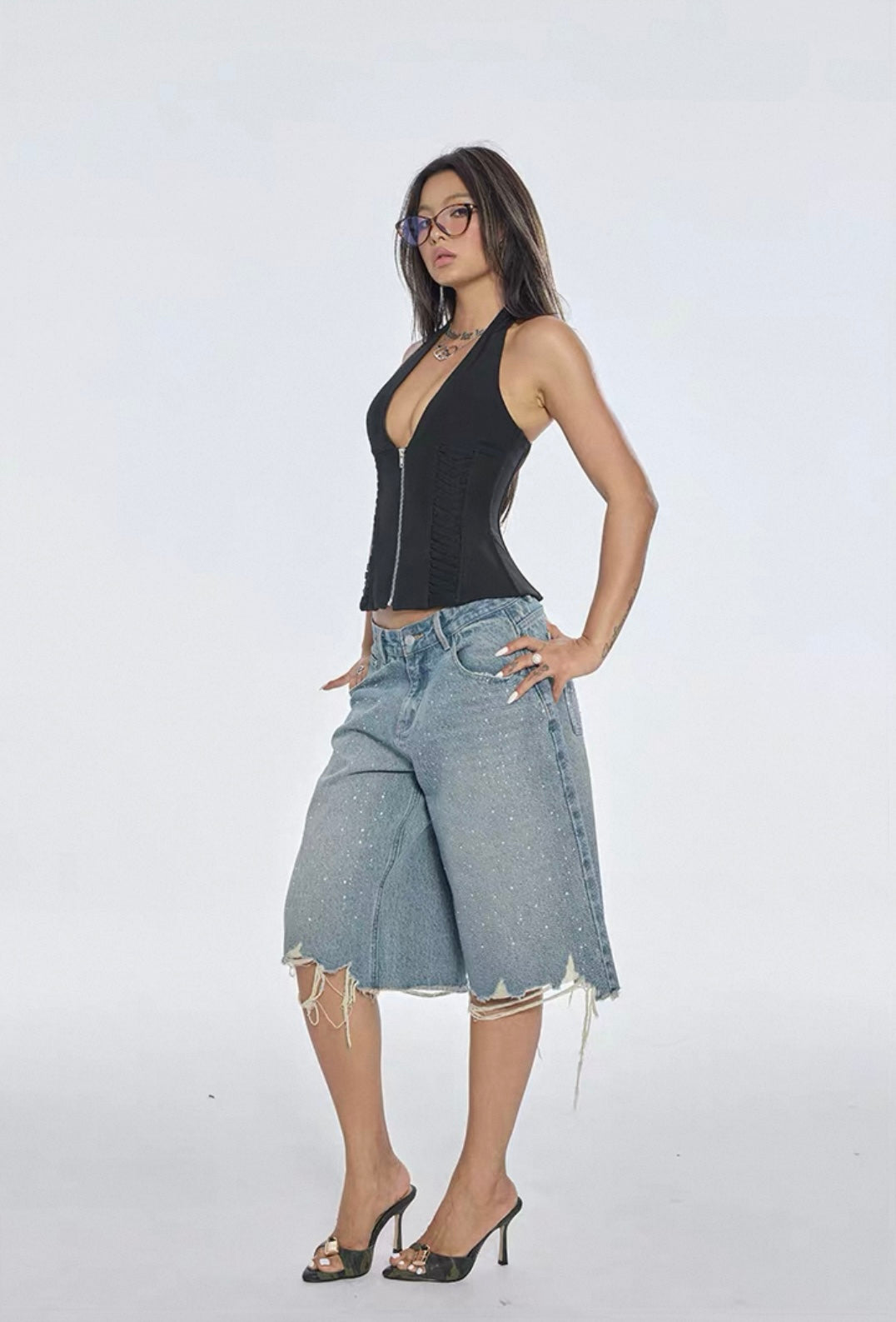 Bum Studio Embellished Distressed Denim Jorts