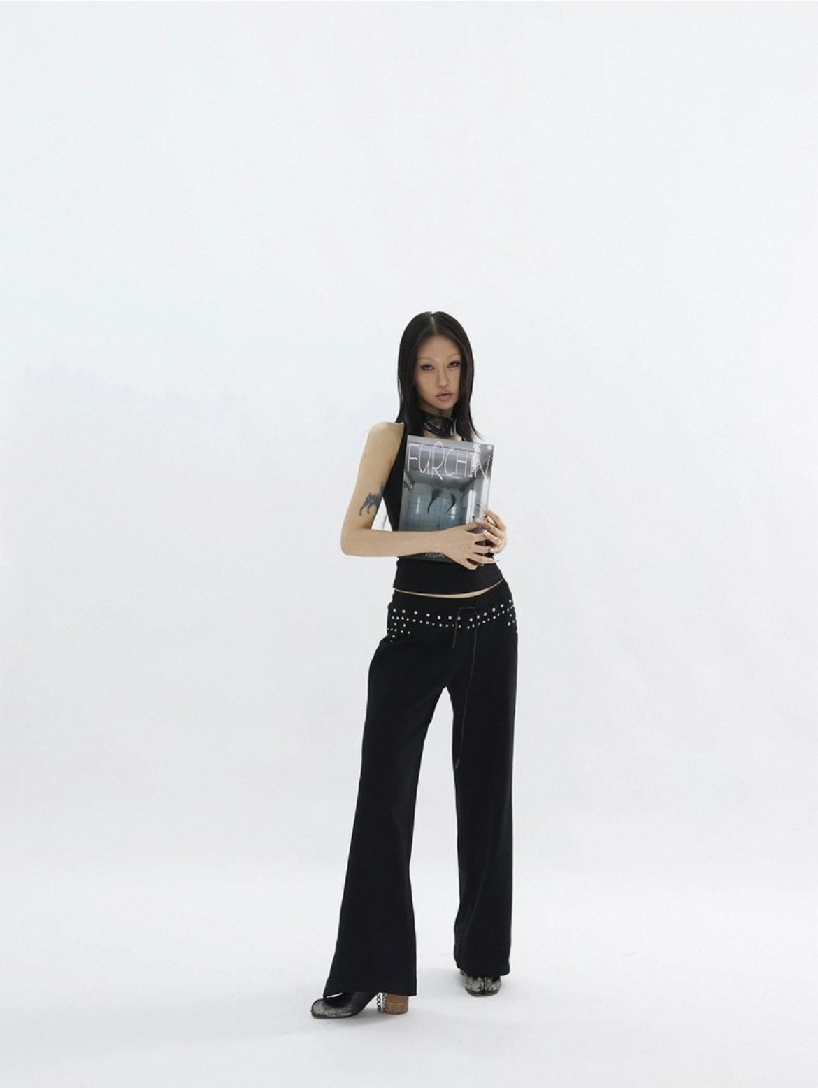 Black Straight Leg Trousers with Silver Rivet Detail