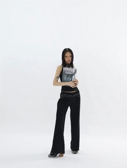 Black Straight Leg Trousers with Silver Rivet Detail
