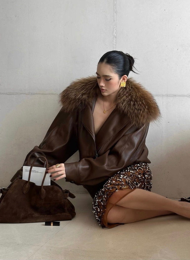 Rovente Brown Faux Leather Jacket with Detachable Fur Collar