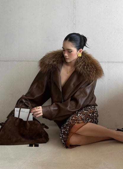 Rovente Brown Faux Leather Jacket with Detachable Fur Collar