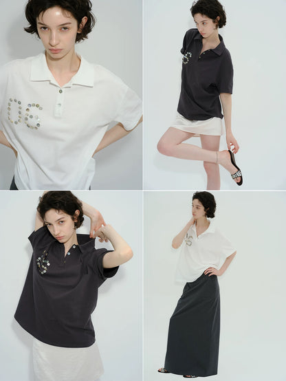 Solveig Shell Button Decorated Polo Short-Sleeved T-shirt