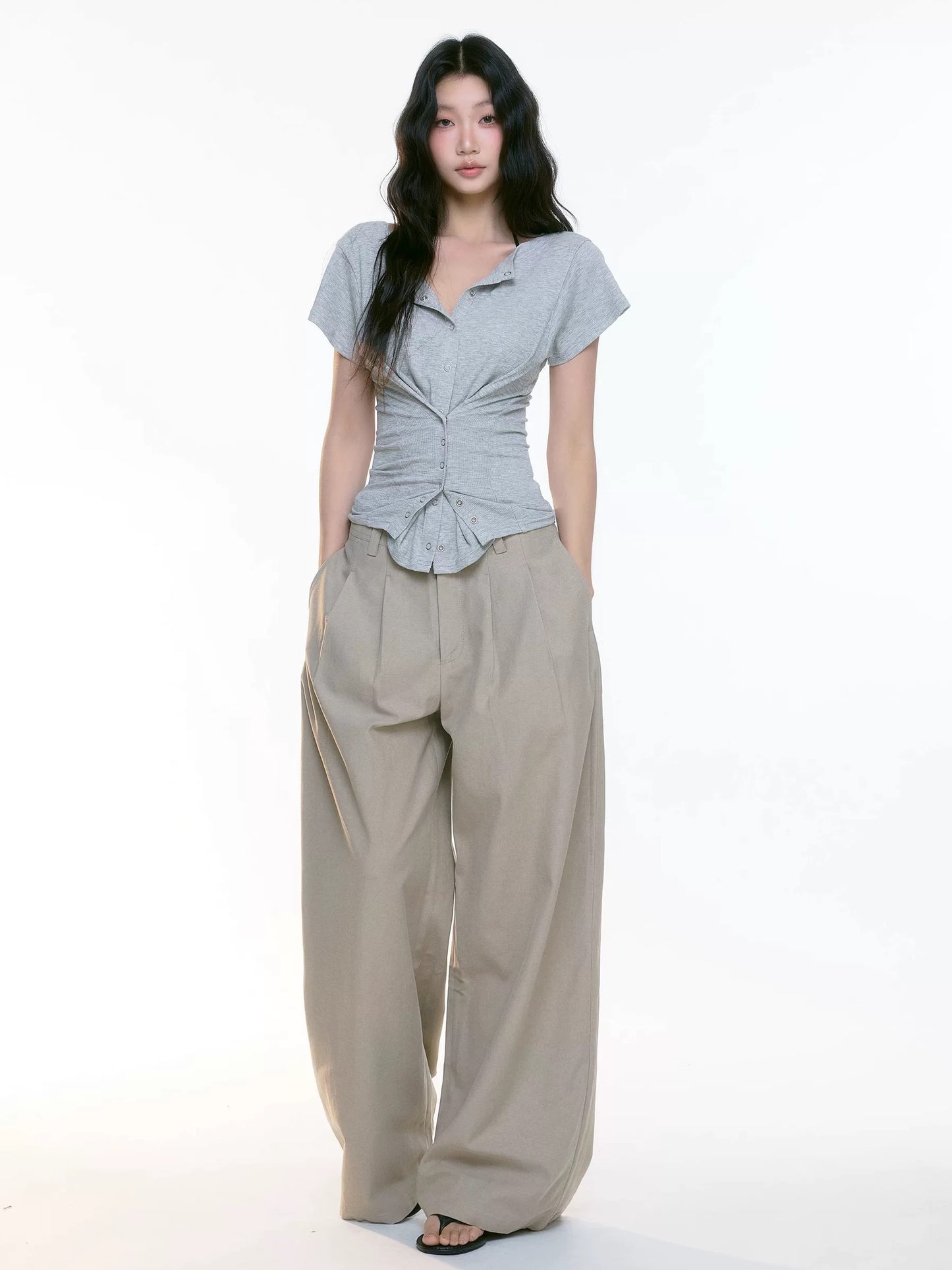 Grey Knit Cinched Polo Top