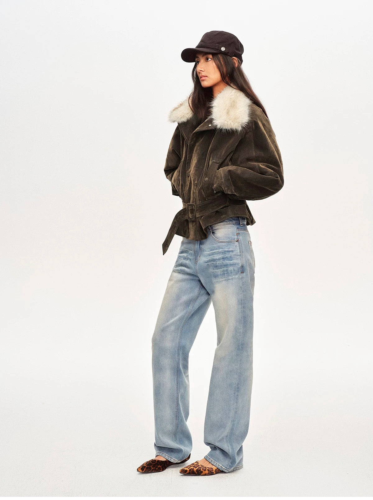 Right Above Flocked Denim Faux Mink Belted Jacket