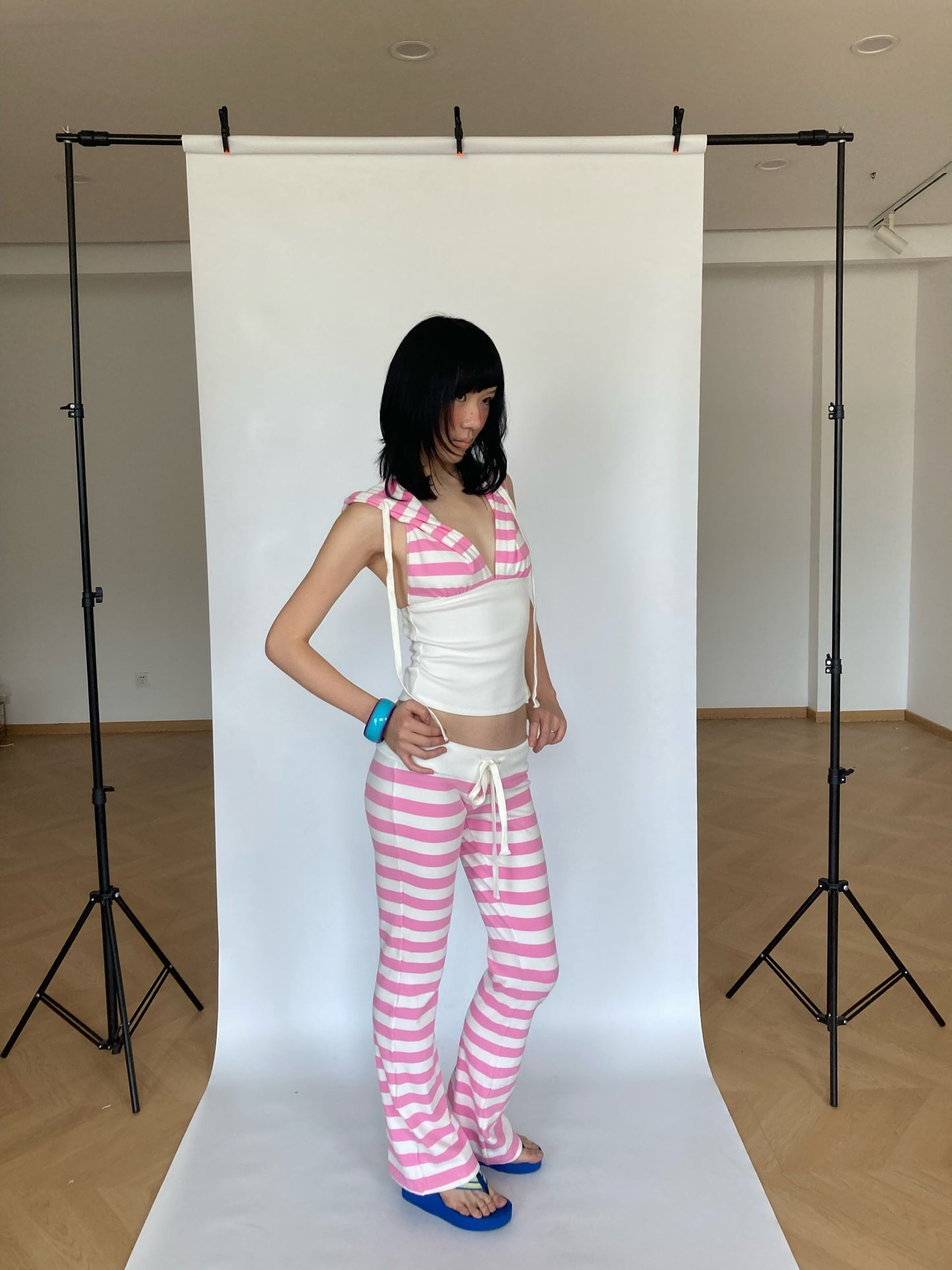 WildFLO Low-Rise Striped Drawstring Flare Trousers
