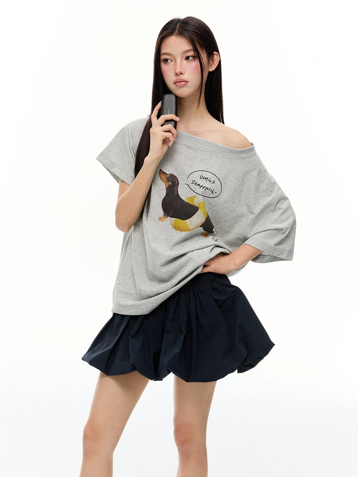 Slouchy Dog Print Off-Shoulder Tee