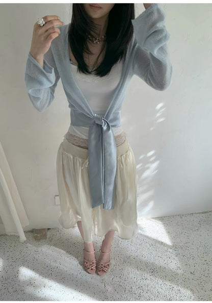 AURO MORE Satin Tie-Front Semi-Sheer Knit Cardigan