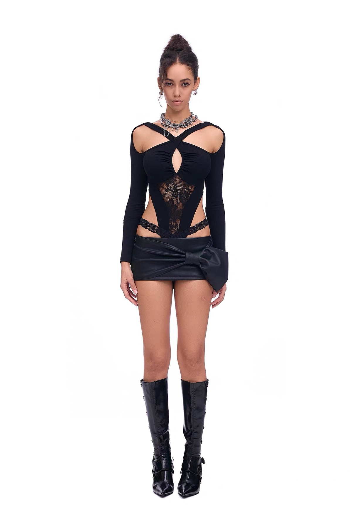 STARTTHEENGINE Oversized Bow Faux Leather Mini Skirt