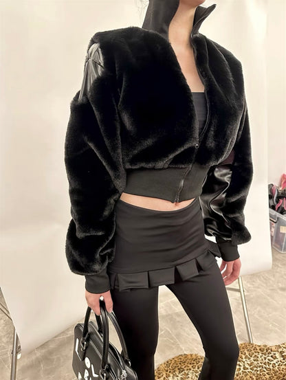 Short Hair Faux Fur Leather Zip Up Jacket In Black