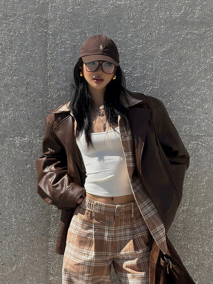 Rovente Brown Faux Leather Jacket with Detachable Fur Collar