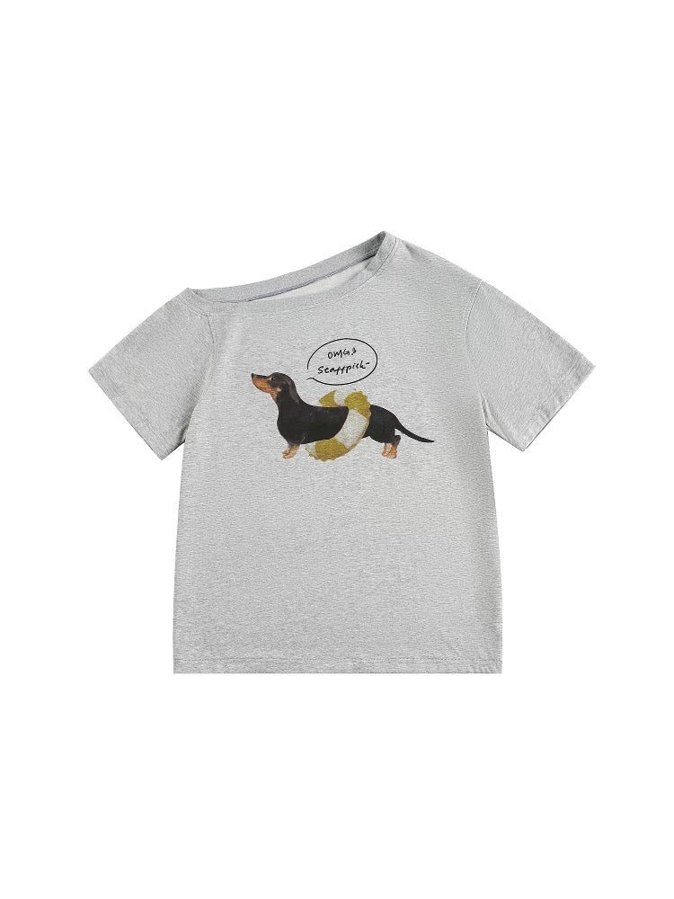 Slouchy Dog Print Off-Shoulder Tee