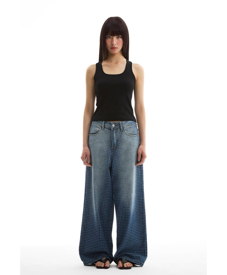 Checkered Washed Wide Leg Jeans
