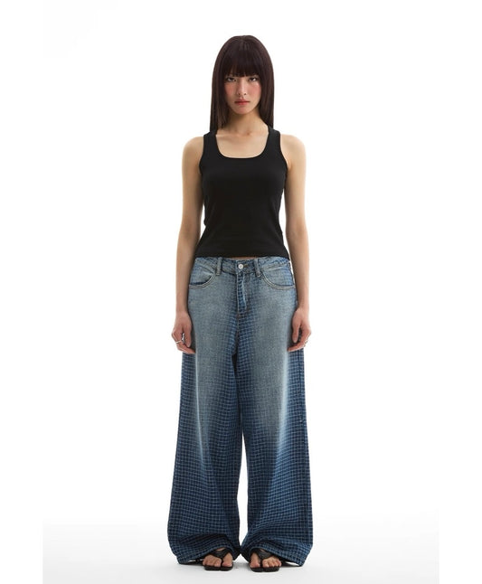 Checkered Washed Wide Leg Jeans