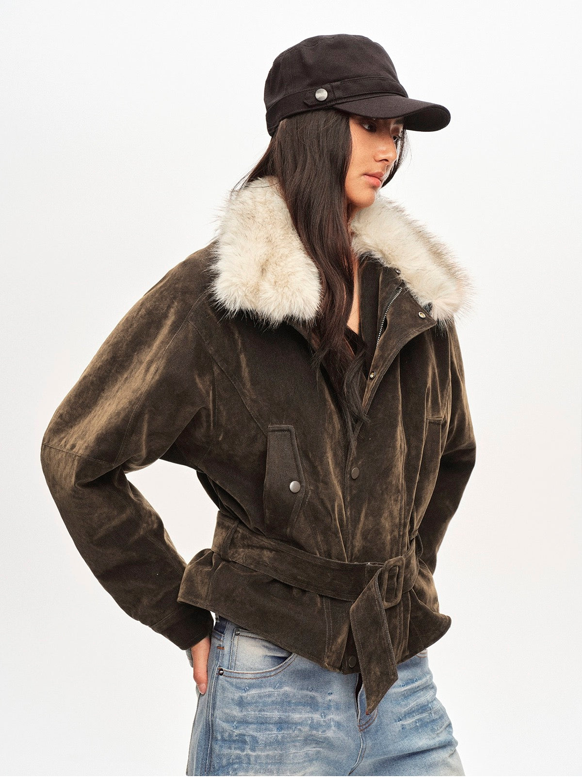 Right Above Flocked Denim Faux Mink Belted Jacket