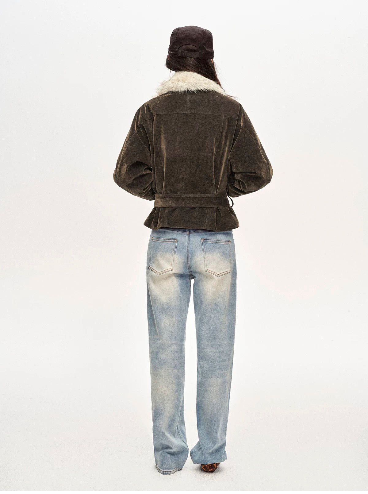 Right Above Flocked Denim Faux Mink Belted Jacket