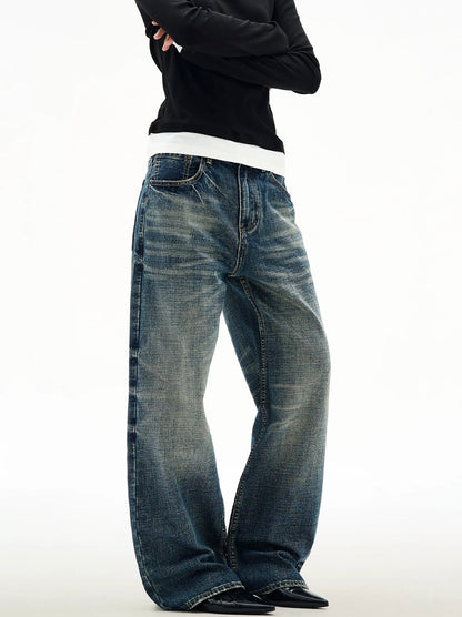 Straight Wide Leg Jeans with Bleached Whisker Effect