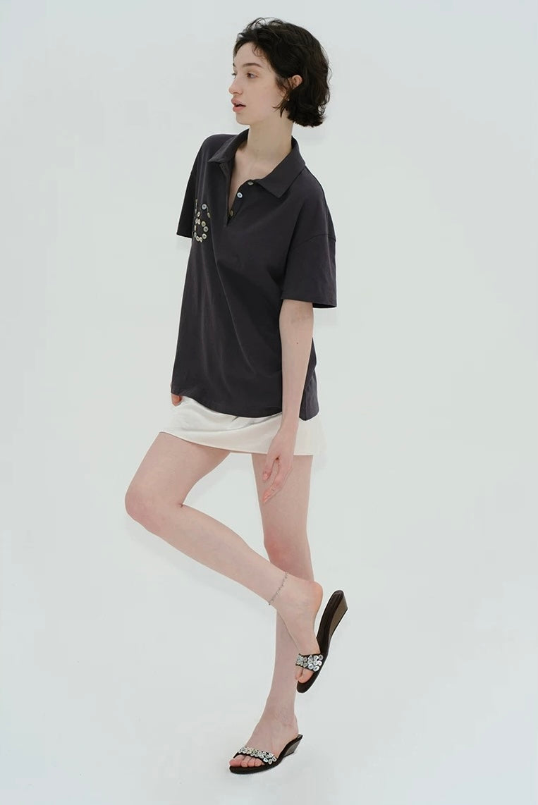 Solveig Shell Button Decorated Polo Short-Sleeved T-shirt