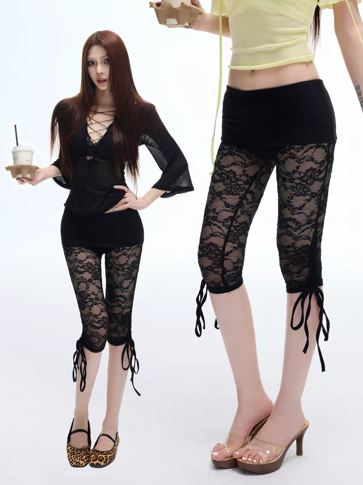 COMMON IN 0120 Tie Cuff Floral Lace Sheer Capri Leggings