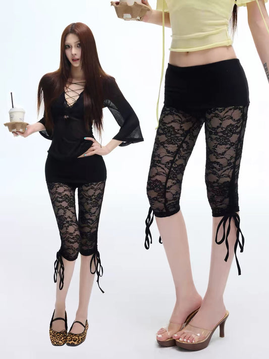 COMMON IN 0120 Tie Cuff Floral Lace Sheer Capri Leggings