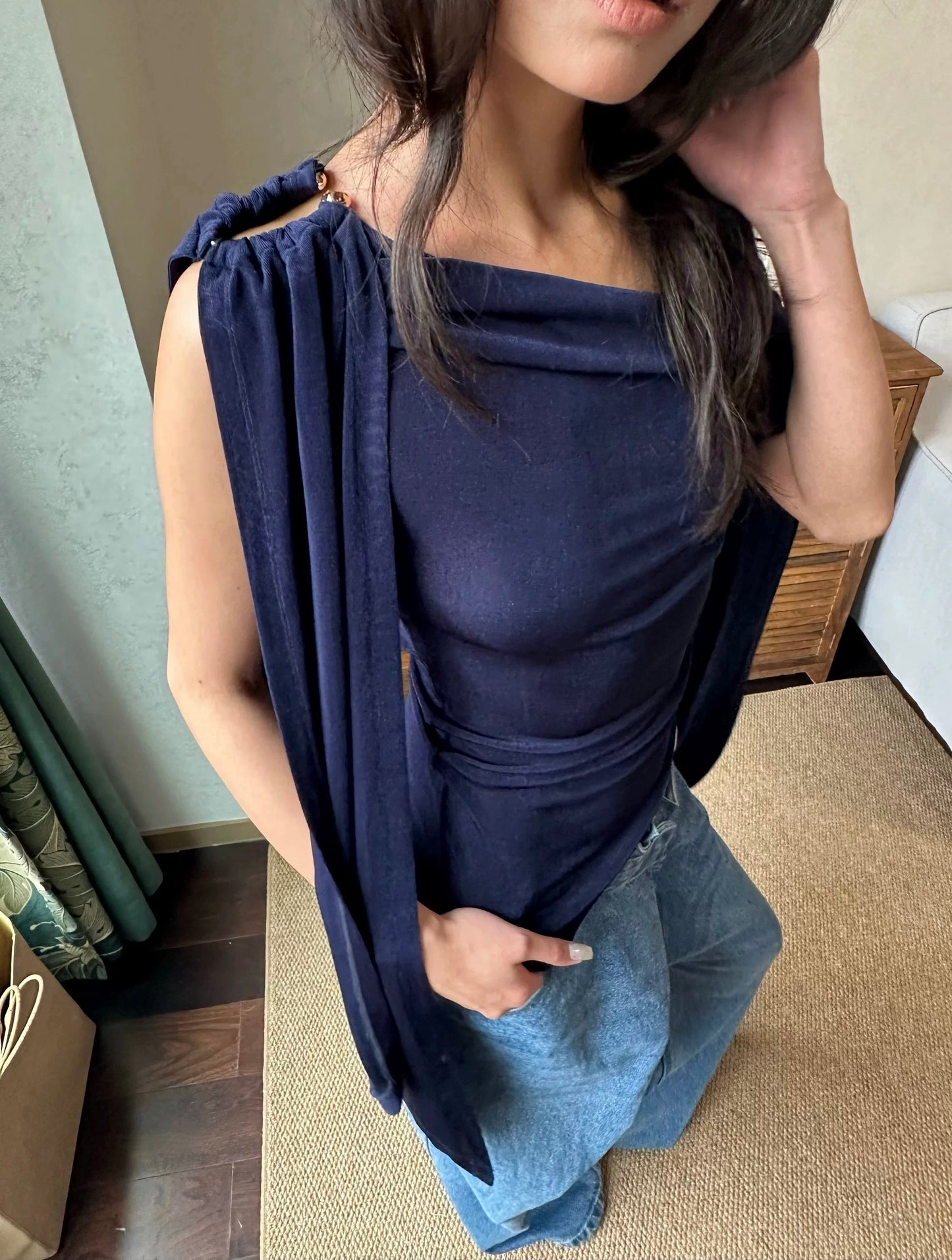Draped Asymmetric Navy Top