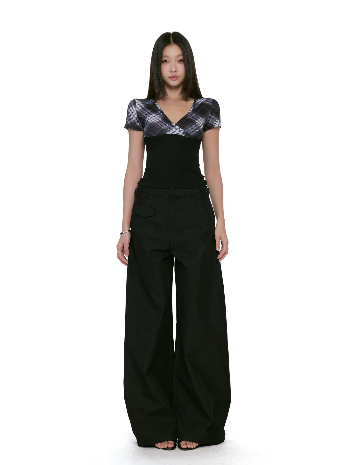 Plaid Wraparound Short Sleeve Top