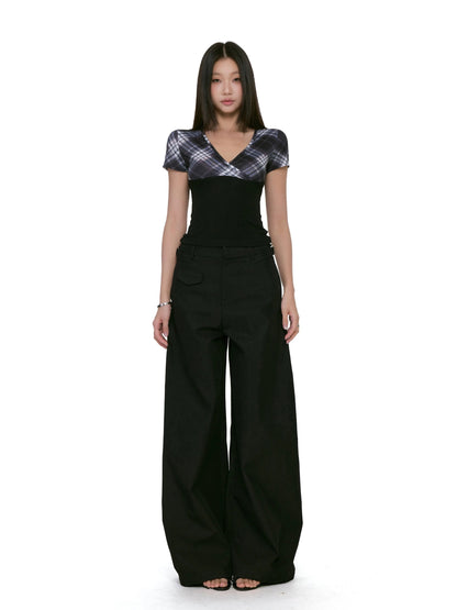 Plaid Wraparound Short Sleeve Top