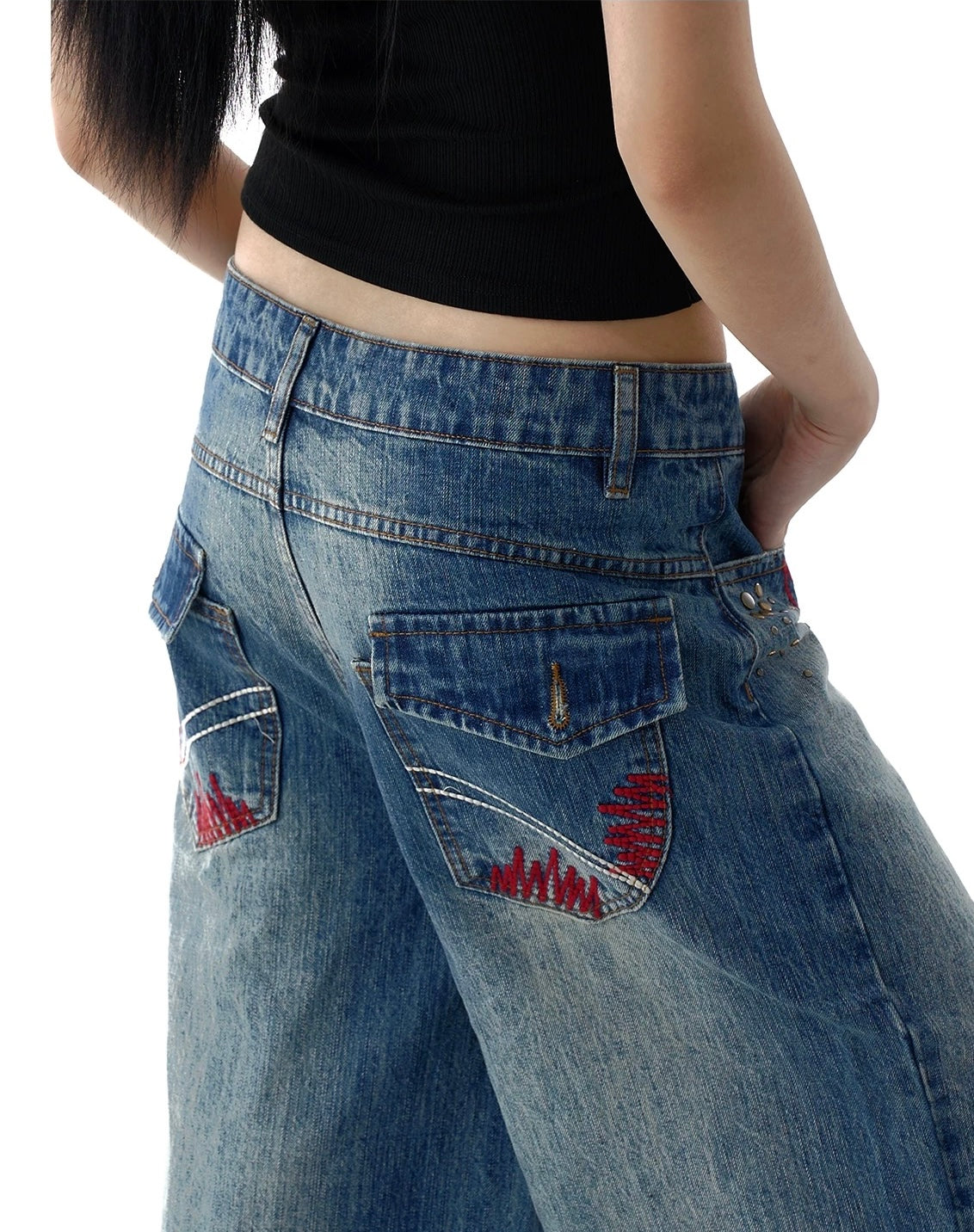 Dark Wash Embroidered Denim with Brass Rivets