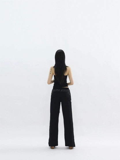 Black Straight Leg Trousers with Silver Rivet Detail
