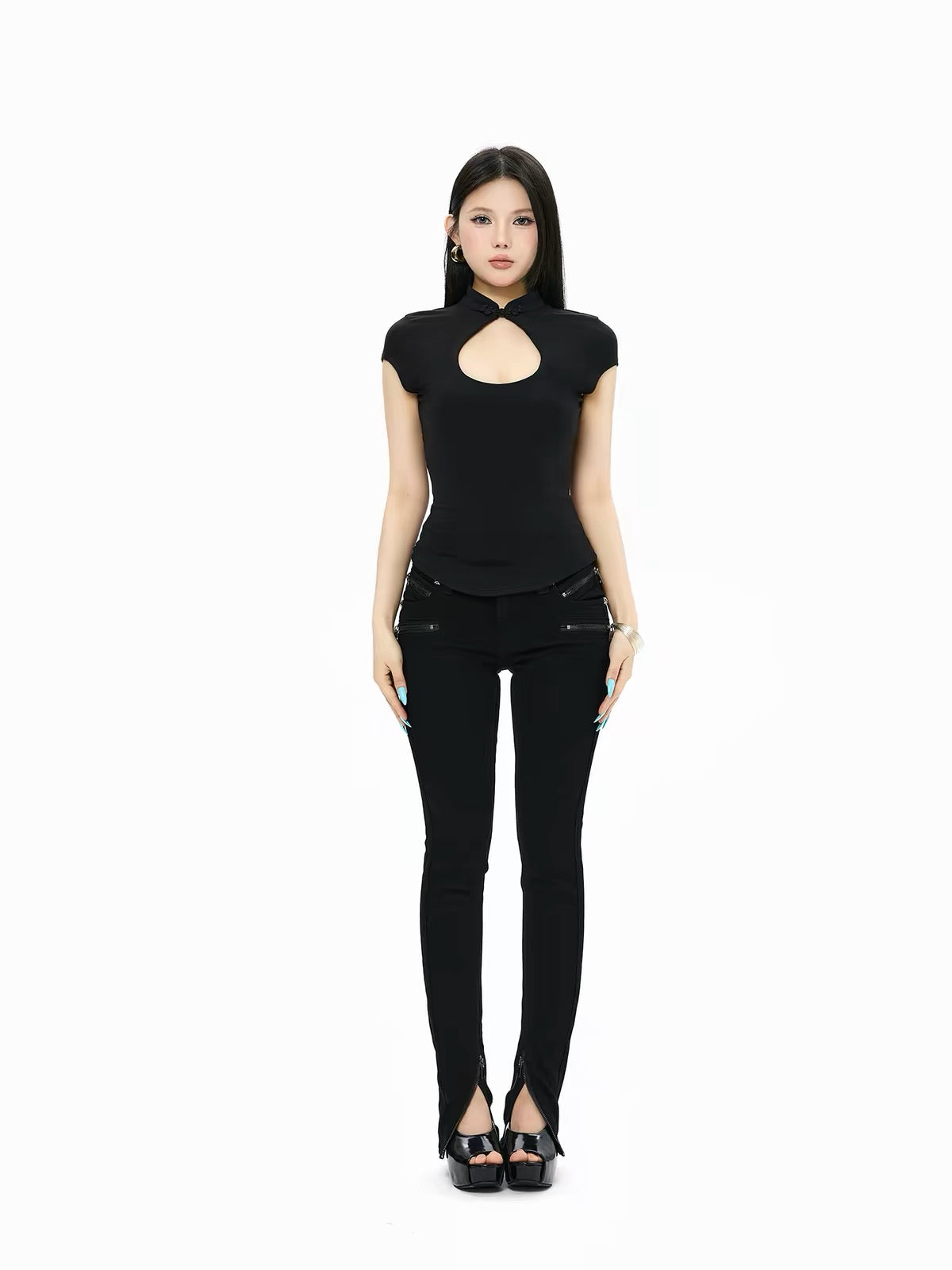 Cut Out Mandarin Collar Top