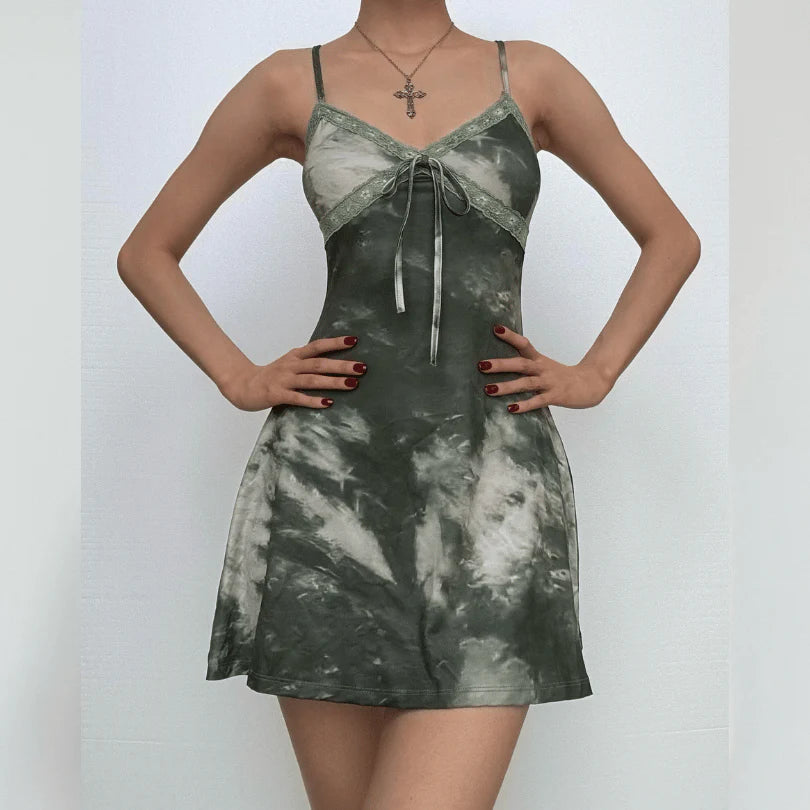 Green Tie Dye Spaghetti Strap Mini Dress