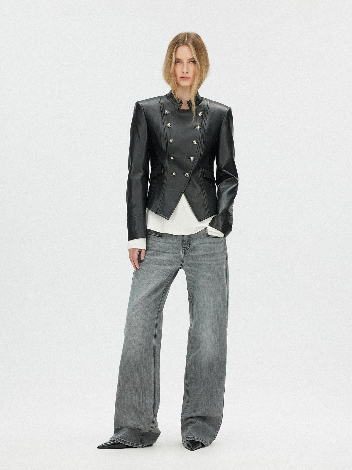 SAUMPLE STUDYSYMP Double-Breasted Military Leather Jacket