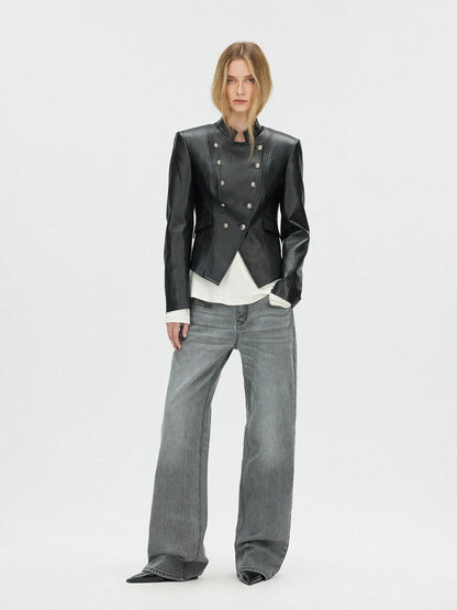 SAUMPLE STUDYSYMP Double-Breasted Military Leather Jacket