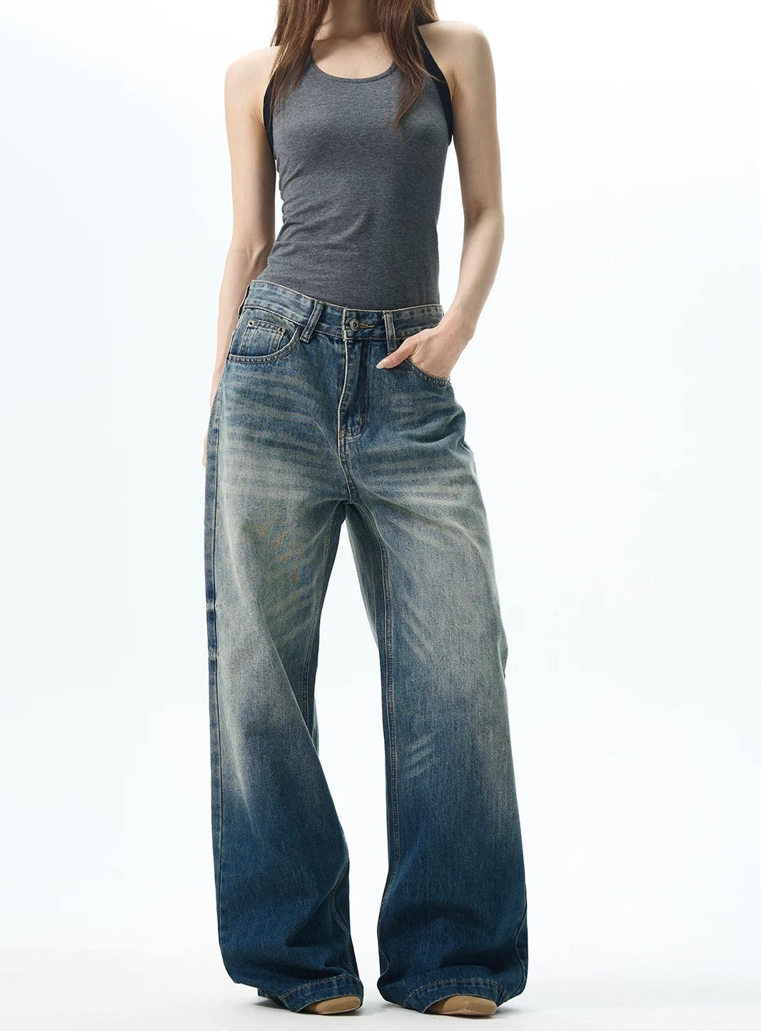 Dark Wash Wide Leg Mid Rise Denim Jeans