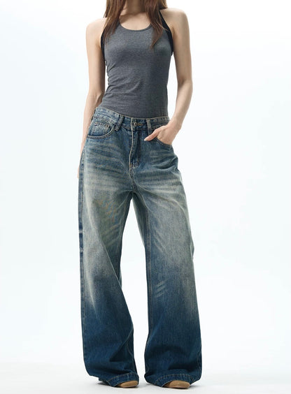 Dark Wash Wide Leg Mid Rise Denim Jeans