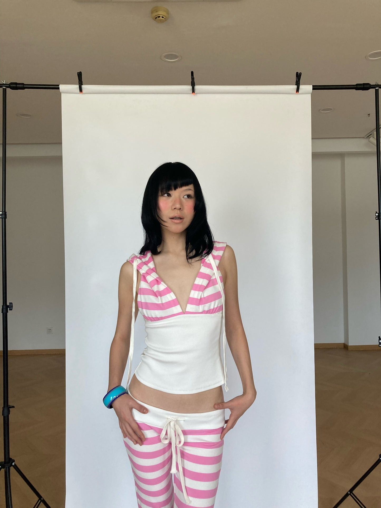 WildFLO Y2K Pink Striped Hooded Backless Halter Top
