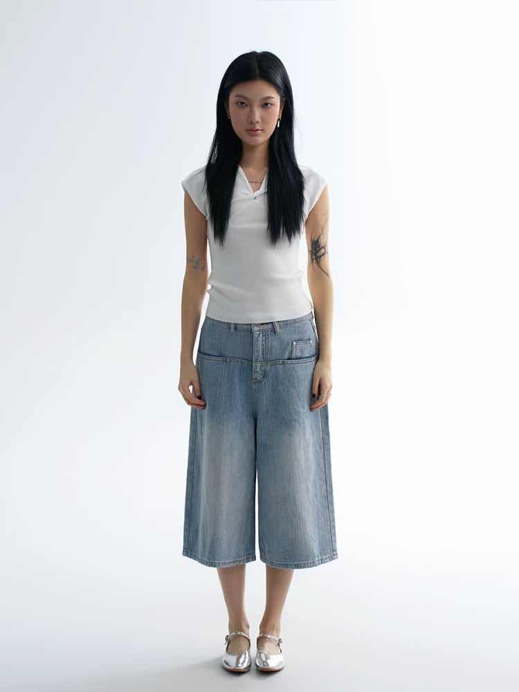 Light Blue Shorts with Straight Pocket Detail