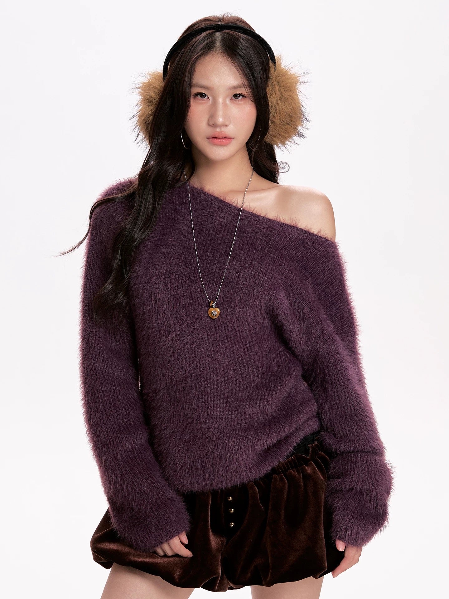 Purple Hairy Knit Off Shoulder Jumper