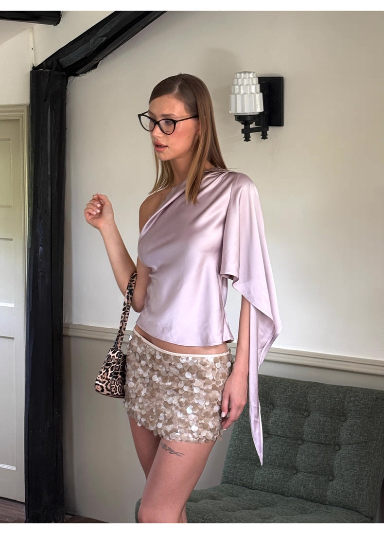 0122stepll Taro Purple Pearlescent Satin Off-Shoulder Top