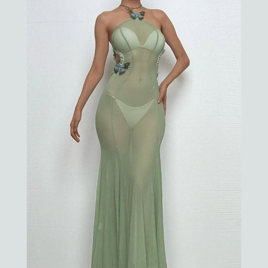 Green Halterneck Sheer Butterfly Dress