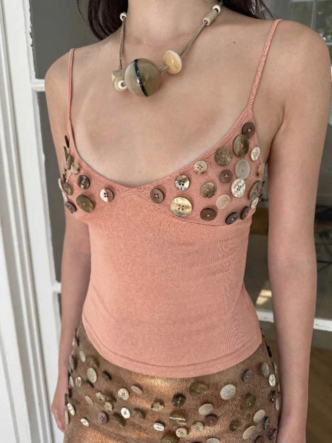 HOL!DAY Ocean Shell Glossy Button-Embellished Cotton Tank Top