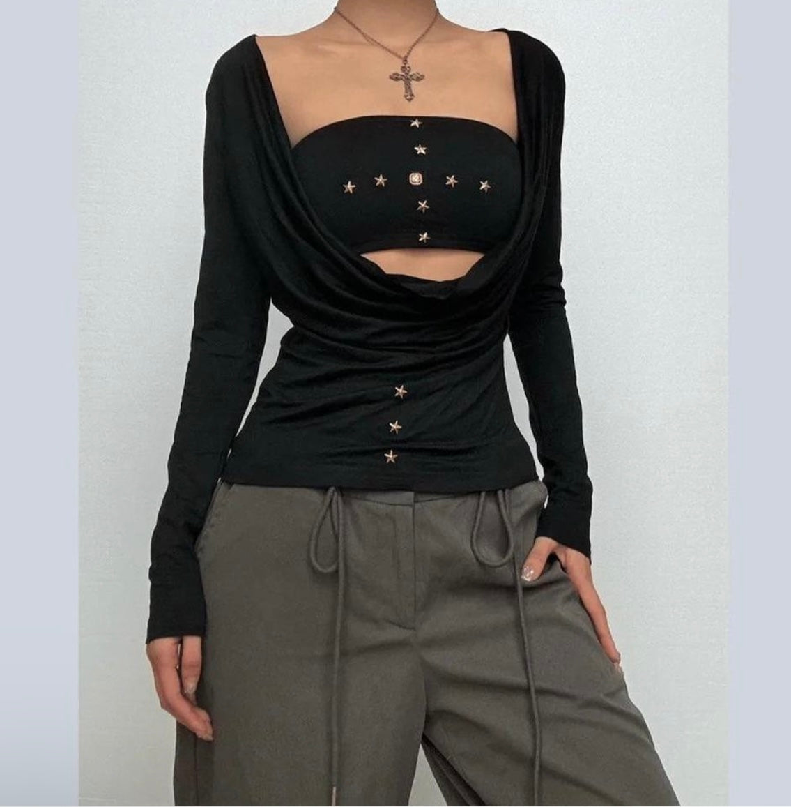 Star Embellished Cowl Sleeve & Bandeau Two Piece Top