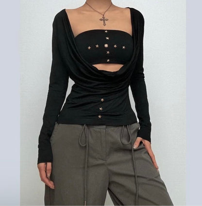 Star Embellished Cowl Sleeve & Bandeau Two Piece Top